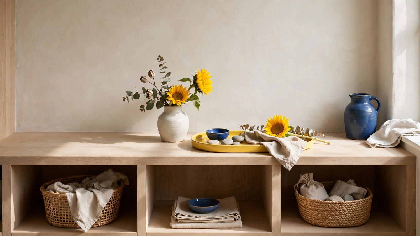 A sunlit entry nook with open cubbies and a yellow catchall tray