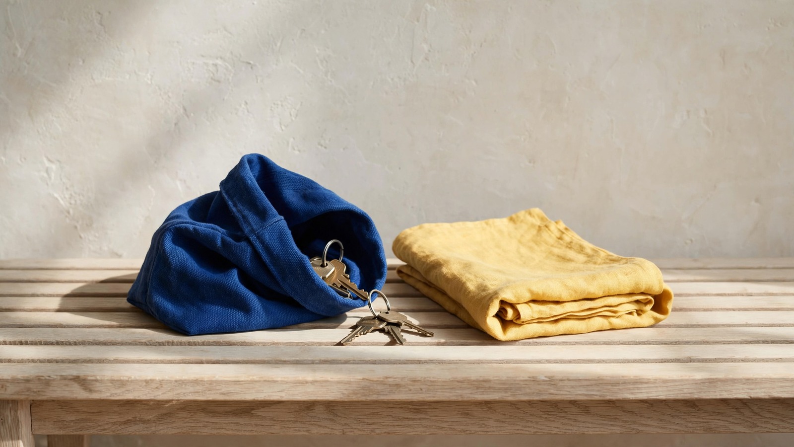 An everyday pouch and carry bag resting on an oak bench