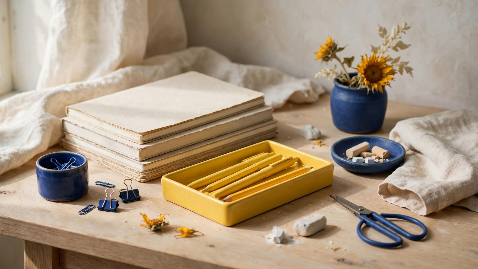 An organized work corner with notebooks and a yellow tray