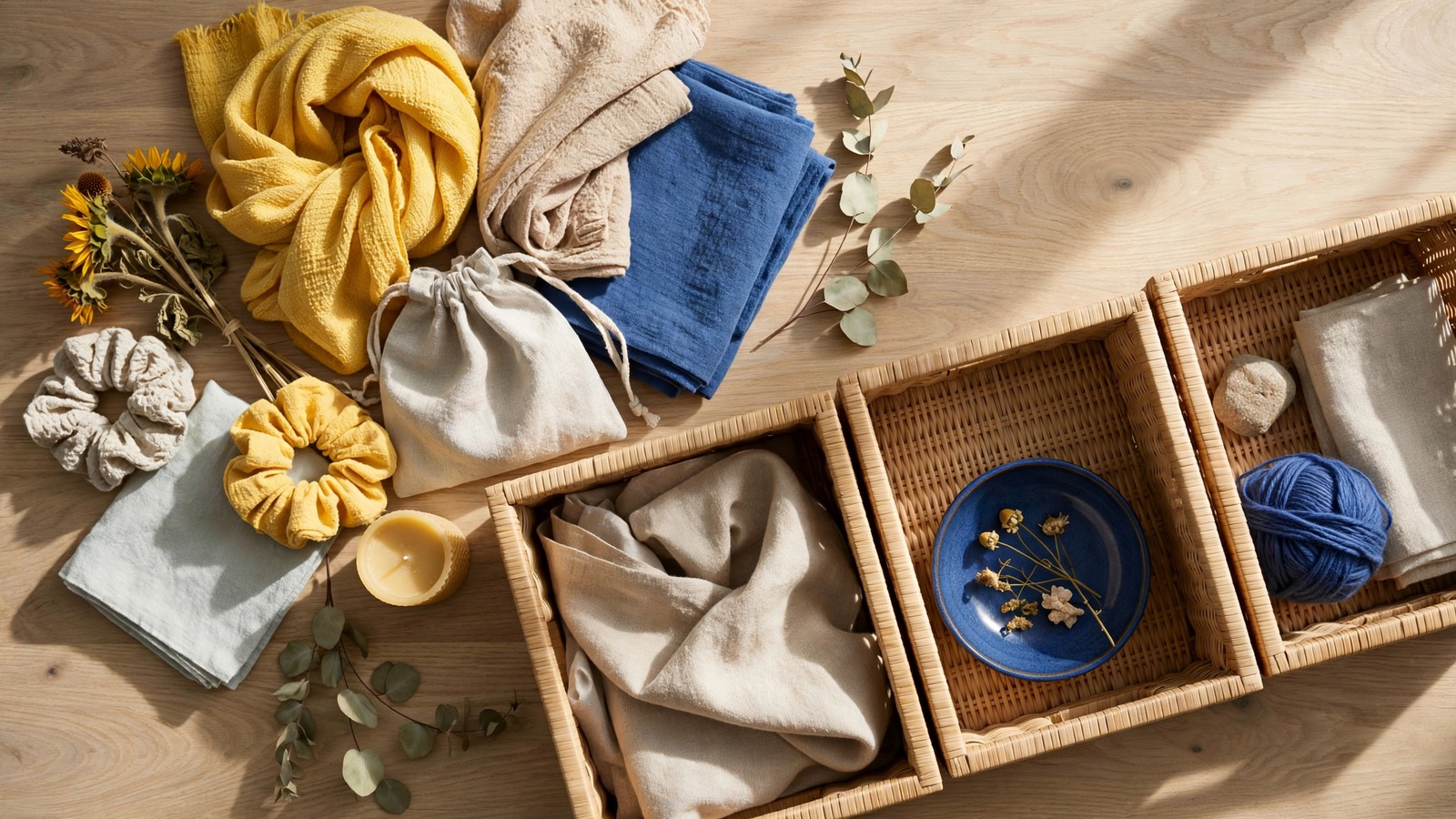 Soft everyday accessories grouped beside an open organizer