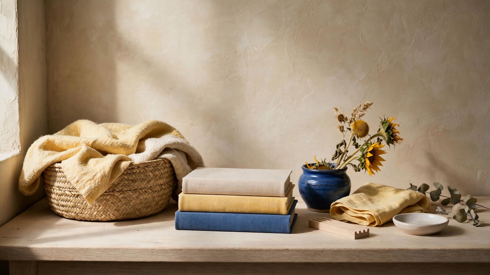 A reading corner with a book stack and blanket basket