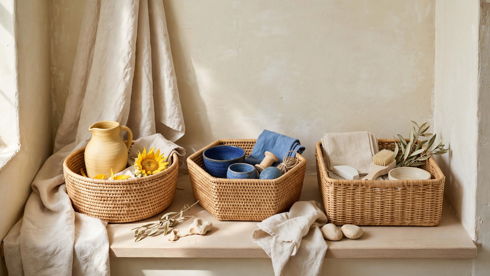 A linen nook with simple baskets